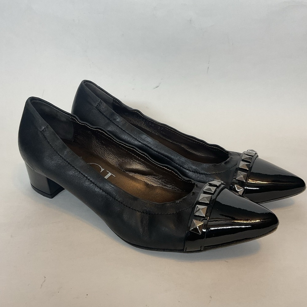 AGL Pyramid Stud Pointed Toe Pumps Women 37 US 7EUC Block Heel Leather